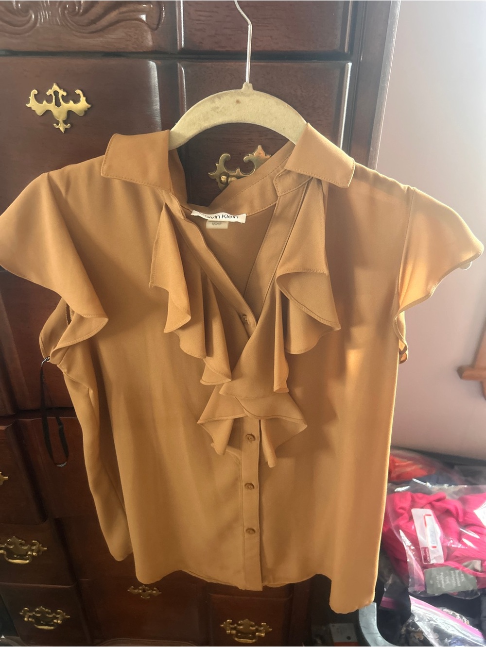 Calvin Klein Women's Ruffle Front Button-Up Top in Mustard Gold